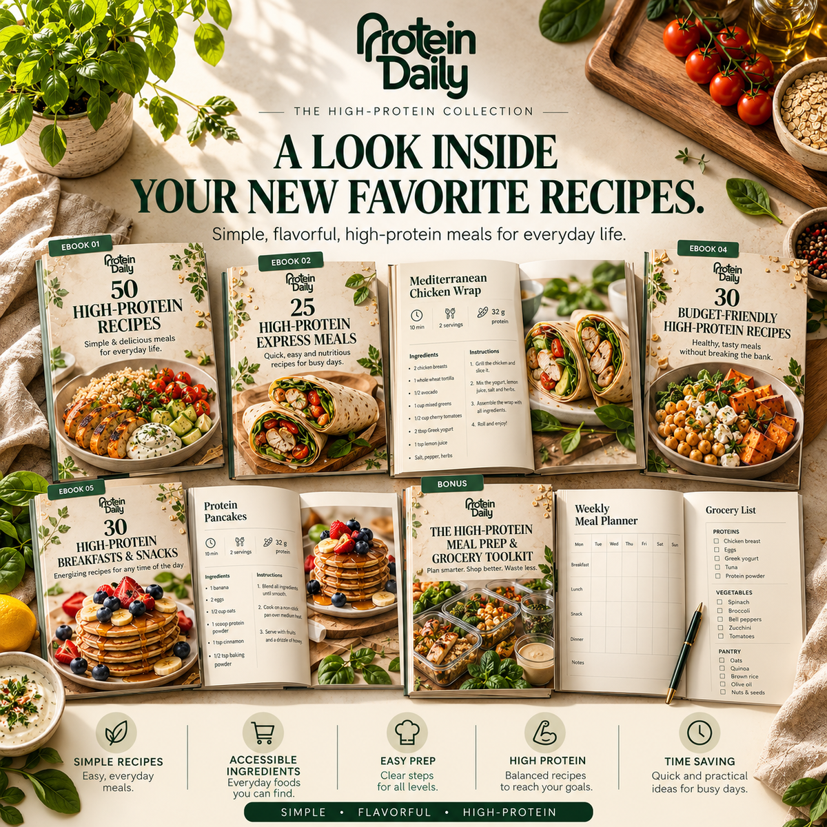 165+ high-protein recipes + everything you need to plan and simplify your meals.